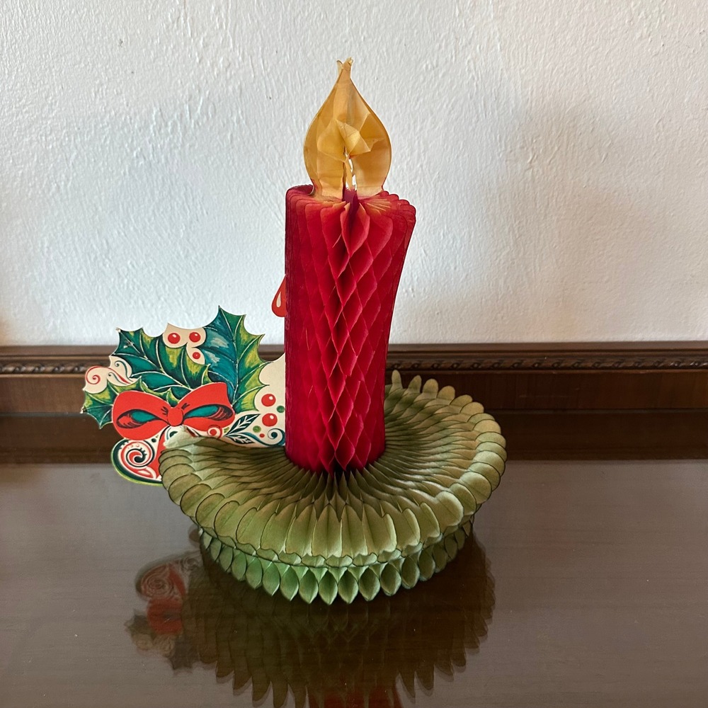 Vintage Danish Amscan 13" Honeycomb Christmas Candle Centerpiece Red Green